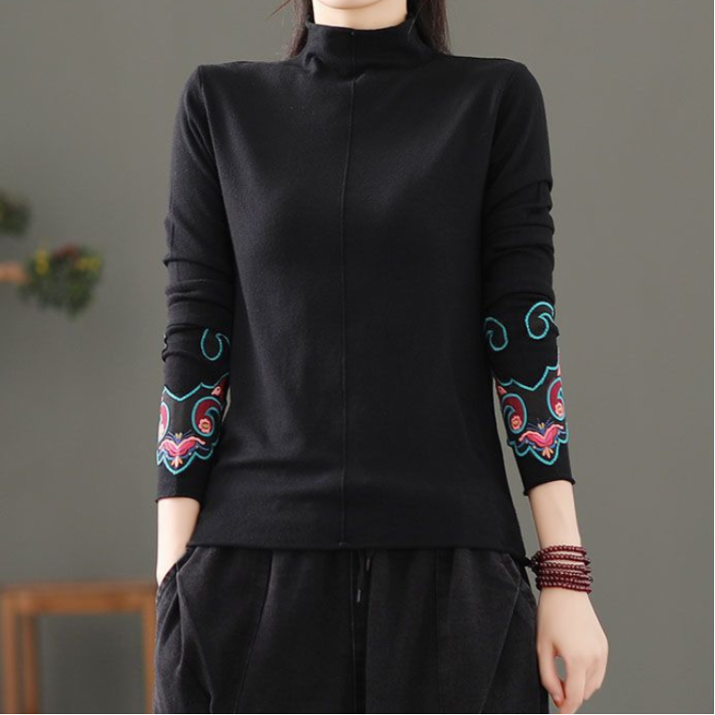 Autumn and Winter New Temperament Women's Clothing Printed Half High Neck Long Sleeve Simplicity Solid Color Versatile Pullover