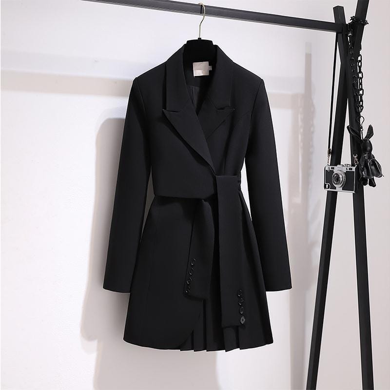 Women's Autumn Winter New Fashion Solid Color Polo Collar Button Tie Style Versatile Long Sleeve Slim Fit Mid Length Suit Dress