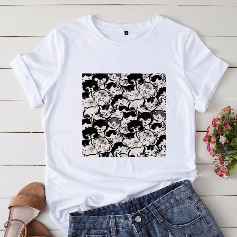 Retro Trend Cute Style 90s Cute Clothing Printed Top Cartoon Fashion Women's T-Shirt Cat Pattern T-Shirt Printed Casual T-Shirt.