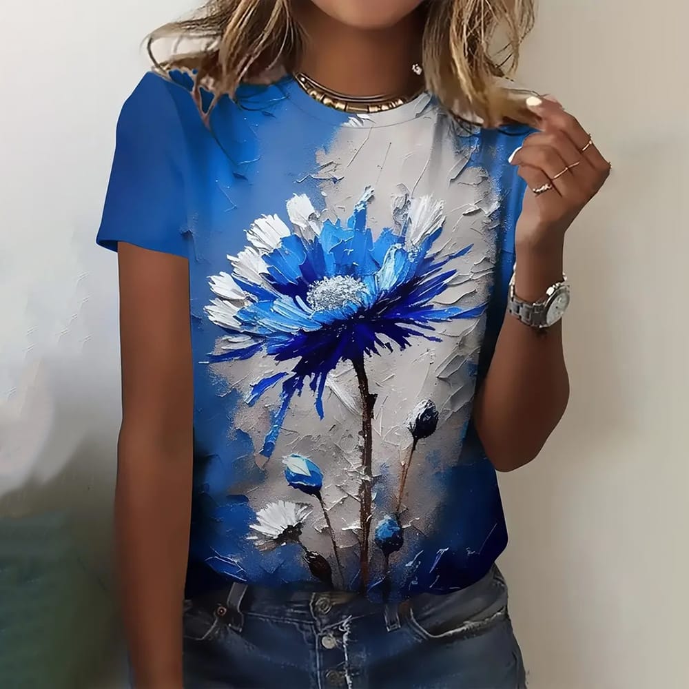Designer Oil Painting Texture Blue Flower Women's T-shirts Fashion Trend Short Sleeves T shirt Y2K Women Clothing Loose Pullover