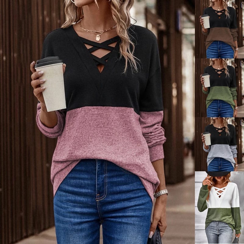 2023 Autumn/Winter New V-neck Long Sleeve Cross Contrast Panel Drop Shoulder Sleeve Casual Slim Fashion Popularity Women's Top