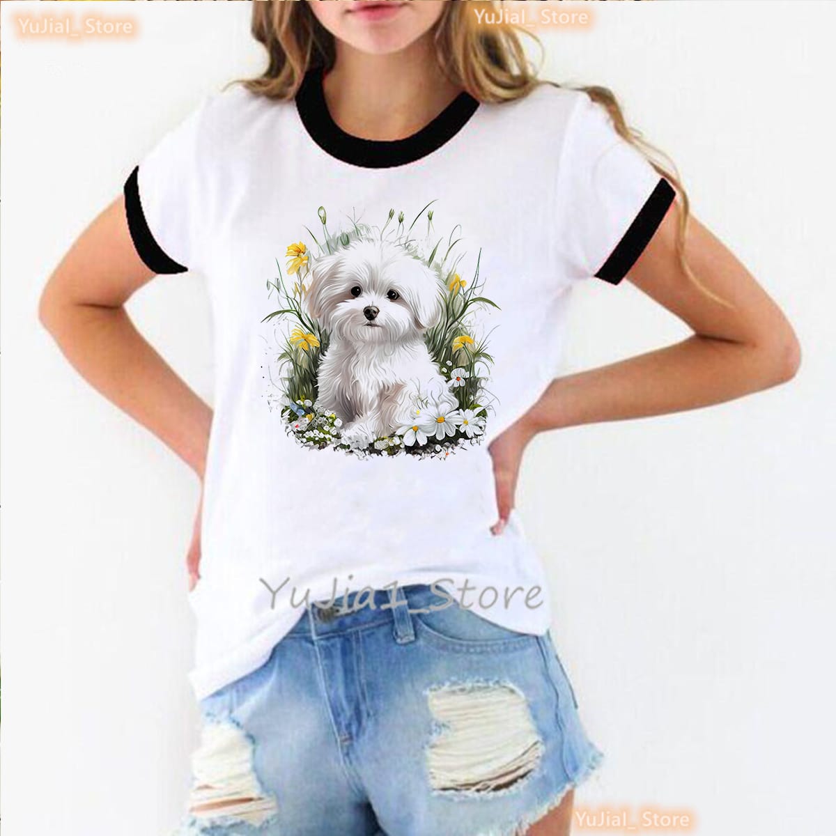 Fashion T-Shirt Femme Watercolor Maltese Dog, Hutchison Dog Graphic Printed Women'S T-Shirt 2024 New Women'S Clothing