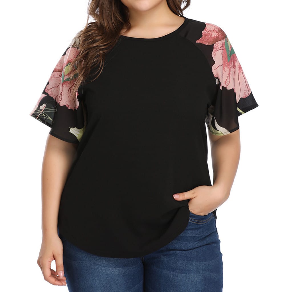 Large Size Summer Short Sleeve Women T-Shirt Floral Print Women's Round Neck Short Sleeve Contrast Color Printing Splicing Tops