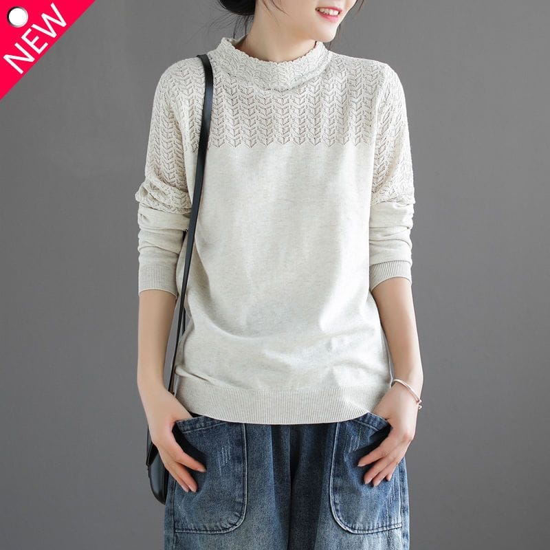 Fashionable Versatile Sweater Women's Top Autumn and Winter New Hollow Out Solid Color Half High Neck Long Sleeve Pullover