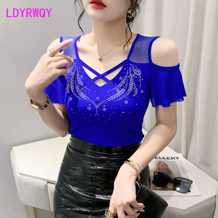 Summer New Sexy Hollow V-neck Mesh T-shirt Women's Short Sleeve Fashion Hot Diamond Top Slim Fit