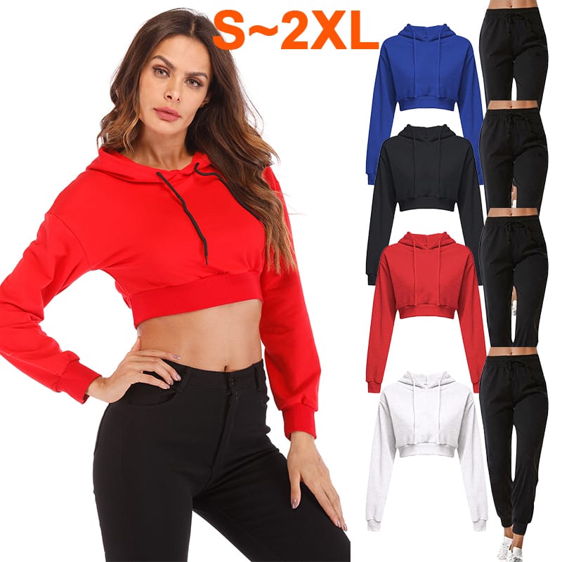 Women's Sports Pullover Set Sexy Long Sleeve Open Button Hoodie Short Top+Sports Pants Two Piece Hoodie Set