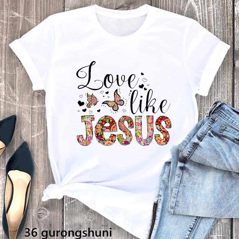 Love Like Jesus Letter Print Tshirt Women'S Clothing Funny Butterfly Flowers T Shirt Femme Harajuku Shirt Summer Tops Tee Shirt