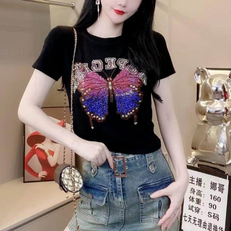 New Summer Women's 2024 Pullover O-Neck Patchwork Printing Rhinestone Letter Solid Slim Comfortable Short Sleeve T-Shirts Tops
