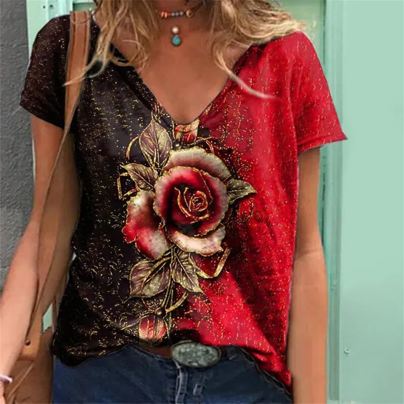 Summer women's V-neck T-shirt street fashion trend y2k short-sleeved floral half-sleeved top loose and comfortable cotton coat