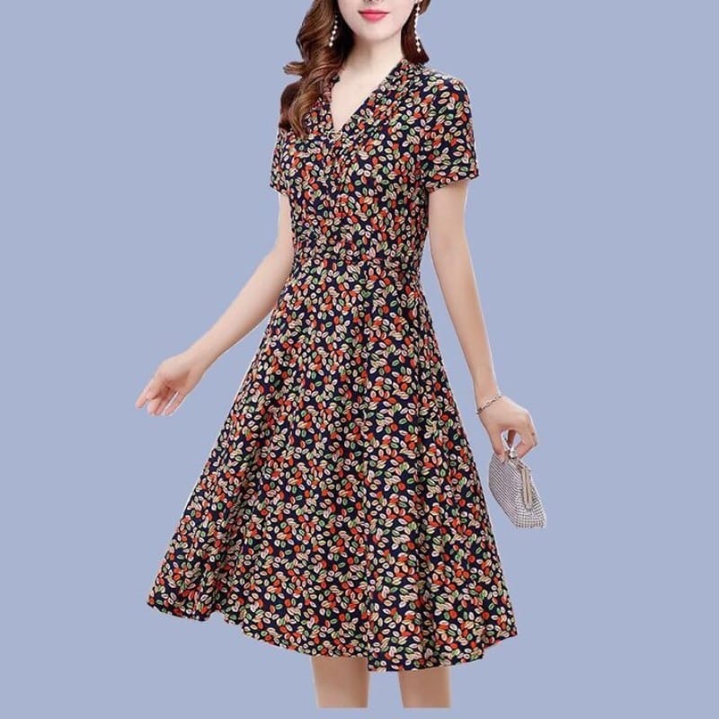 Summer Women's 2024 Pullover V-Neck Patchwork Zipper Slim Fit Printing Fashion Comfortable Casual All-match Short Sleeve Dress