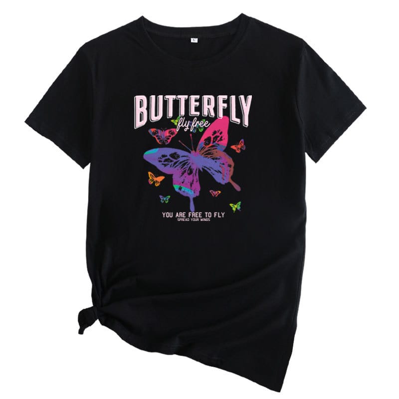 COTTON 100% Women's Europe and The United States Butterfly Print Round Neck Short-sleeved T-shirt Oversized T Shirt TOPS