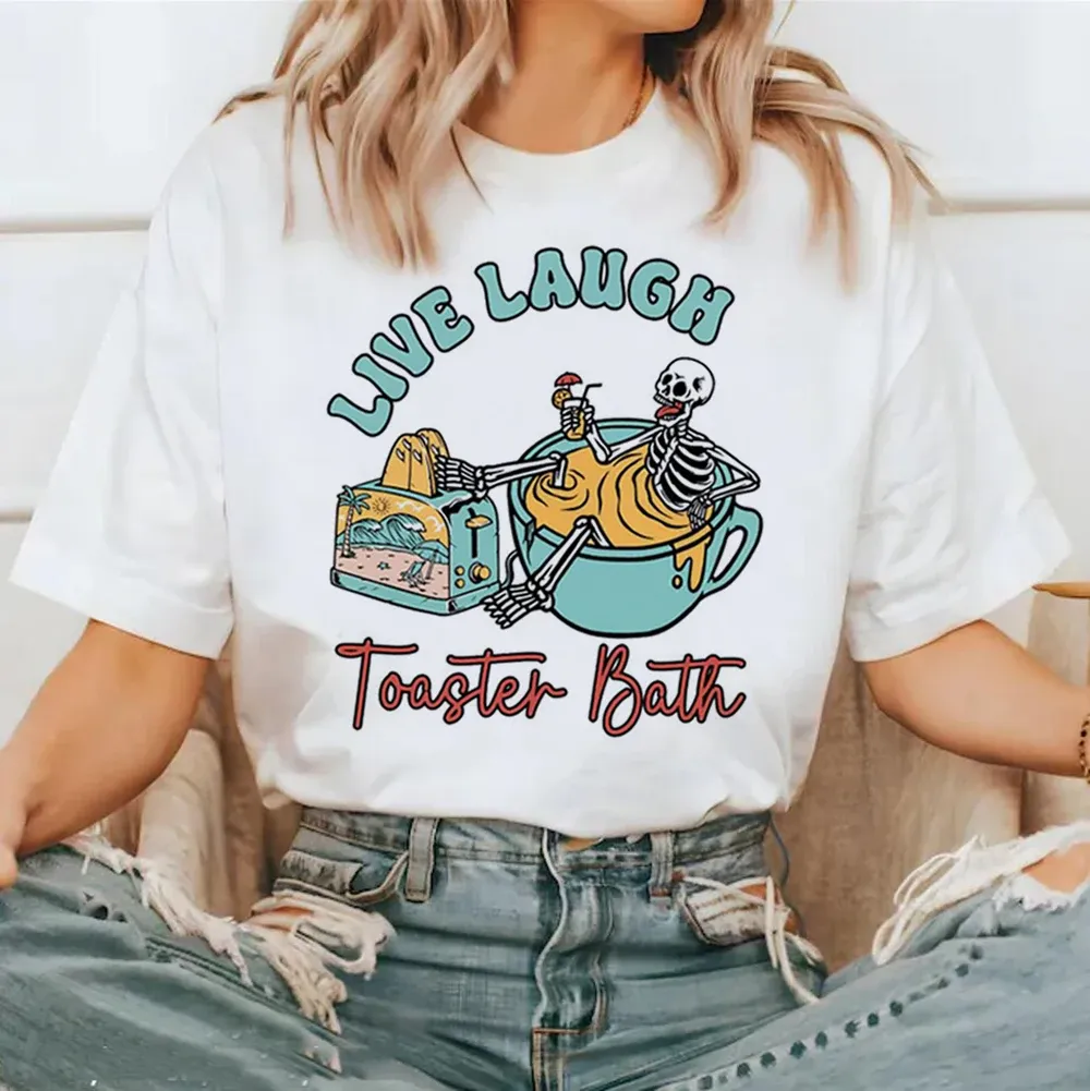 Printed New Toaster Bath Funny Skeleton Cartoon Short Sleeved Women's Fashionable Style Top Plus Size Printed Watercolor T-Shirt