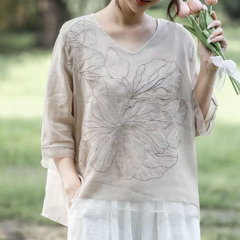 2024 New Summer Retro Loose Casual Office Lady Women's Shirt Embroidery Cotton Linen Splicing V Neck Short Sleeve Y2K Chic Tops
