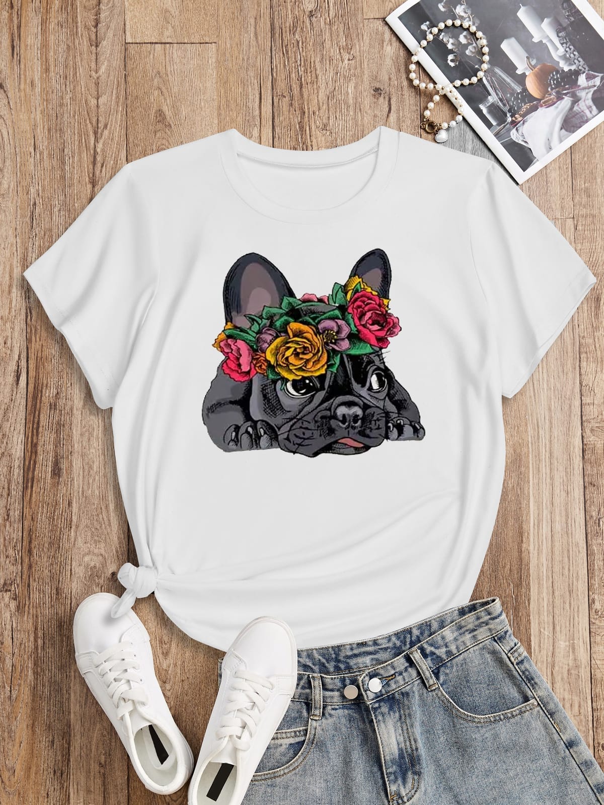 Puppy Print T-shirt, Short Sleeve Crew Neck Casual Top For Summer & Spring, Women's Clothing