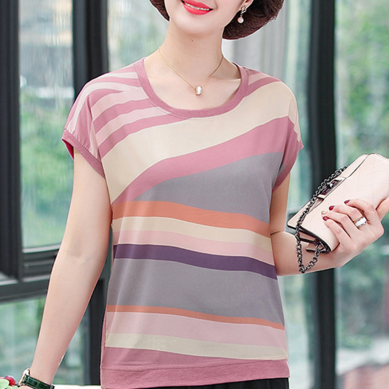 Temperament Versatile Commuter Women's Clothing 2023 Summer New Simplicity Stripe Print Round Neck Short Sleeve Pullover T-shirt