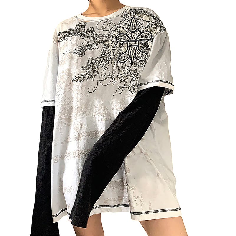 Women Casual T-shirt Y2k Harajuku Loose Printed Long Sleeve Round Neck Patchwork Loose Pullover Top Grunge Goth Streetwear