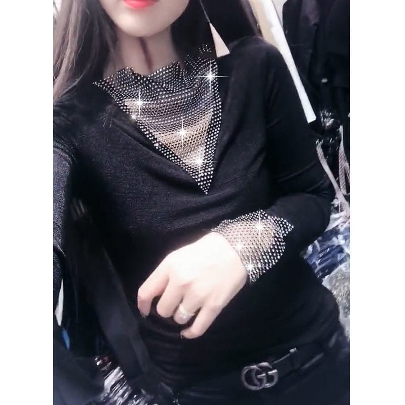 Spring and Autumn Women's Round Neck Long Sleeve Hot Diamond Loose and Comfortable Chiffon Casual Fashion  Commuting Simple Tops