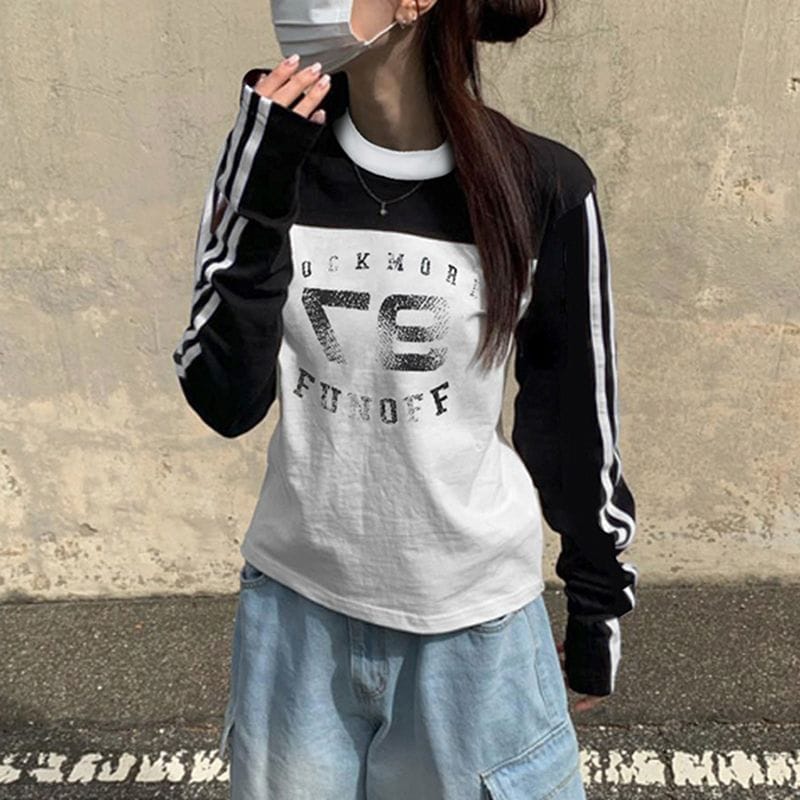 T-Shirt High Quality Contrasting Color Stitching Letter Print Striped American Women'S Half Turtleneck Slim Long-Sleeved Top
