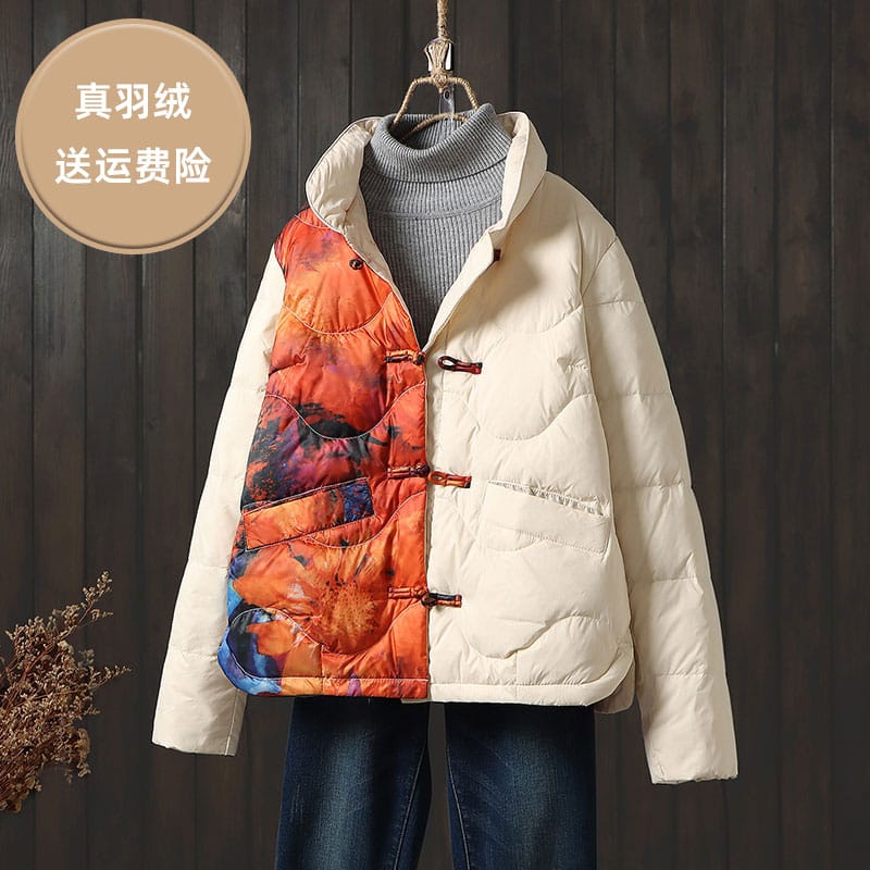 Retro Down Jackets Women's Clothing Short Parkas 2023 Casual Printed color matching Buckle White Duck Down Winter Coats fp729