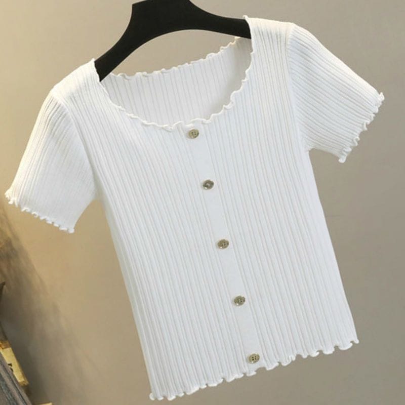 Ice Silk Short-sleeved T-shirt Women's Summer New Pullover Wooden Ear Edge Korean Version Slim Knitted Thin Bottom Shirt Top