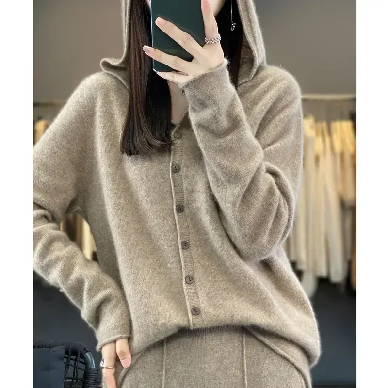 Women's Seamless Wool Hooded Cardigan  Autumn and Winter Loose Relaxed Long Sleeve Cashmere Knitted Large Top N113