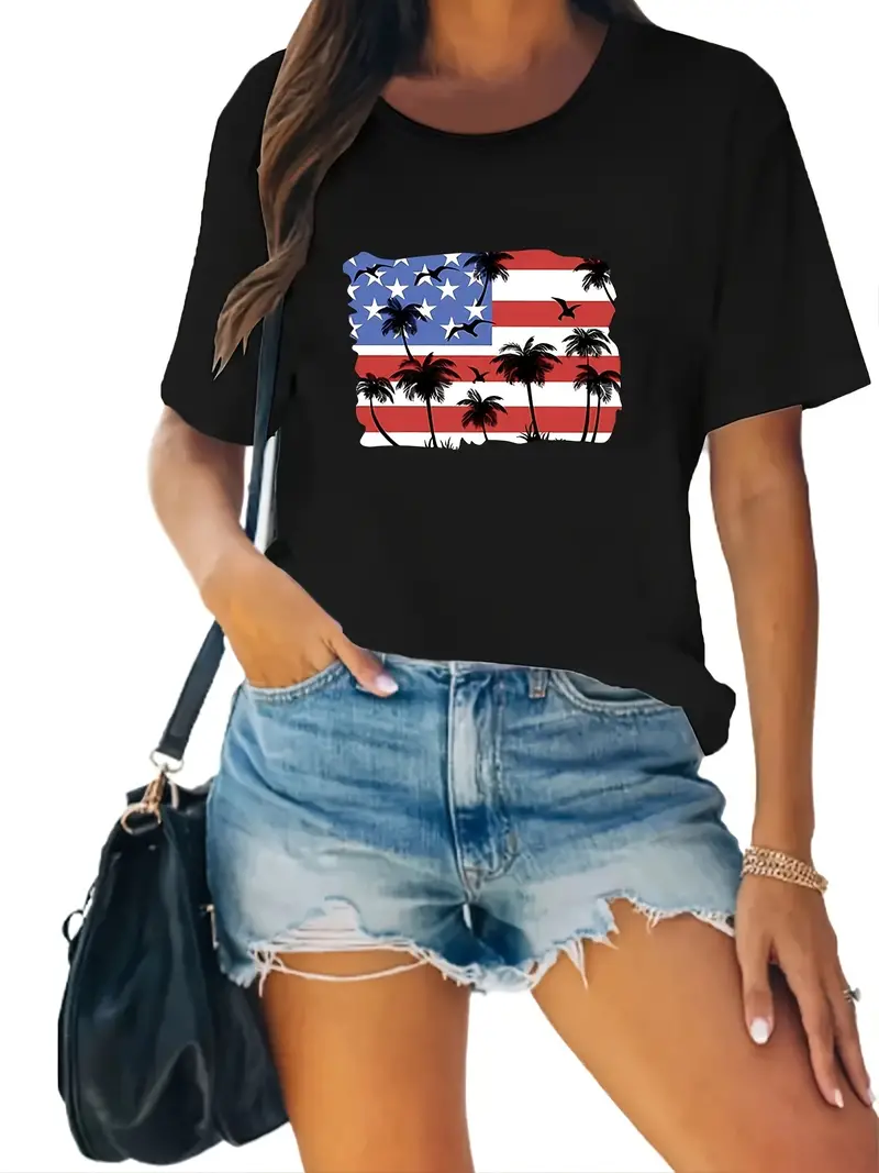 American Flag Coconut Tree Printed Short Sleeved Casual Women's Fashion Women's Pattern T-shirt Women's Printed Summer T-shirt
