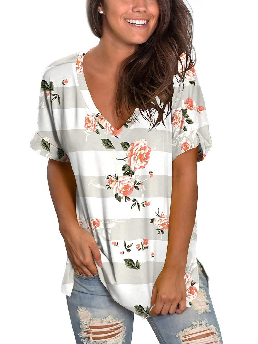 3D Paint Women's V Neck T Shirts Fashionable Floral Pattern Print Casual Short Sleeve Tee Summer Tops Loose Woman Clothing Fit