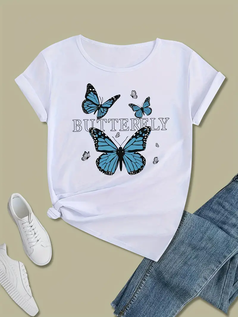 Blue Butterfly Fresh Fashion Printed Women's T-shirt Summer Women's O-neck Short Sleeve Street Trendy T-shirt