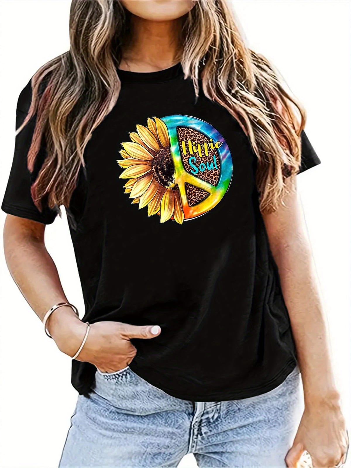 Sunflower Print Crop T-shirt, Y2K Short Sleeve Crew Neck Slim Top, Women's Clothing