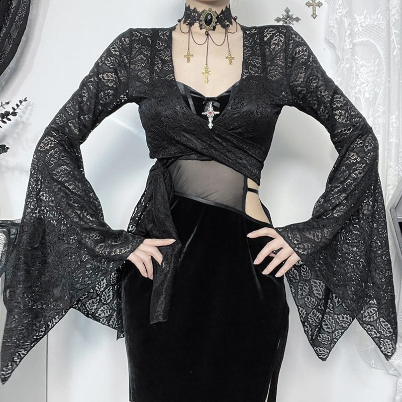 Gothic Vintage Summer 2024 New Dark Elegance Sexy Foundation Lace Bottom Coat Tops Black Women's Y2K Retro V Neck Dark Sexy Tees