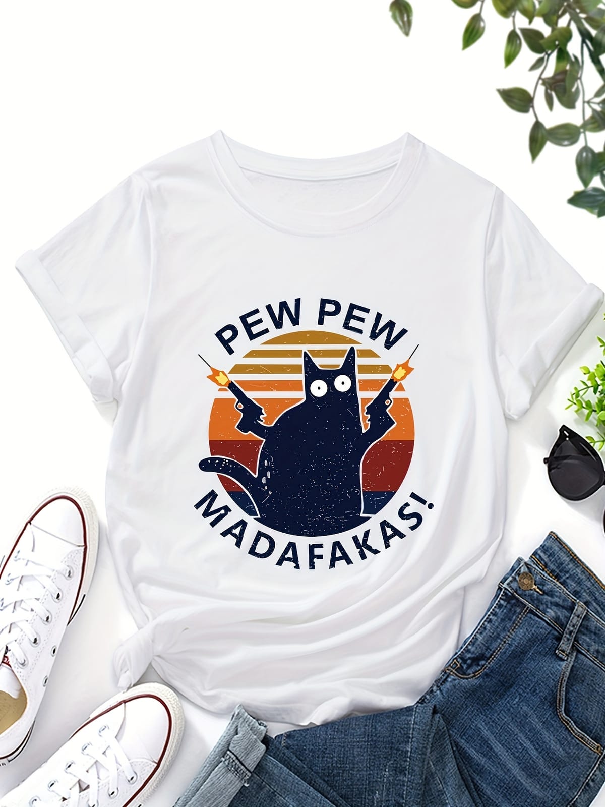 Casual Loose Short Sleeve Fashion Summer T-Shirts Tops, Women's Clothing PEW Letter Print Crew Neck T-shirt