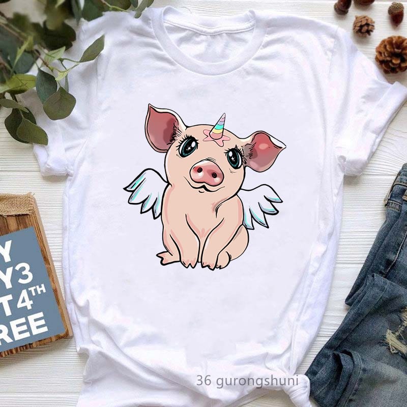 Funny Pig Lover Unicorn Animal Print T-Shirt Women'S Clothing Summer Fashion Angel Tshirt Femme Harajuku Kawaii Clothes T Shirt