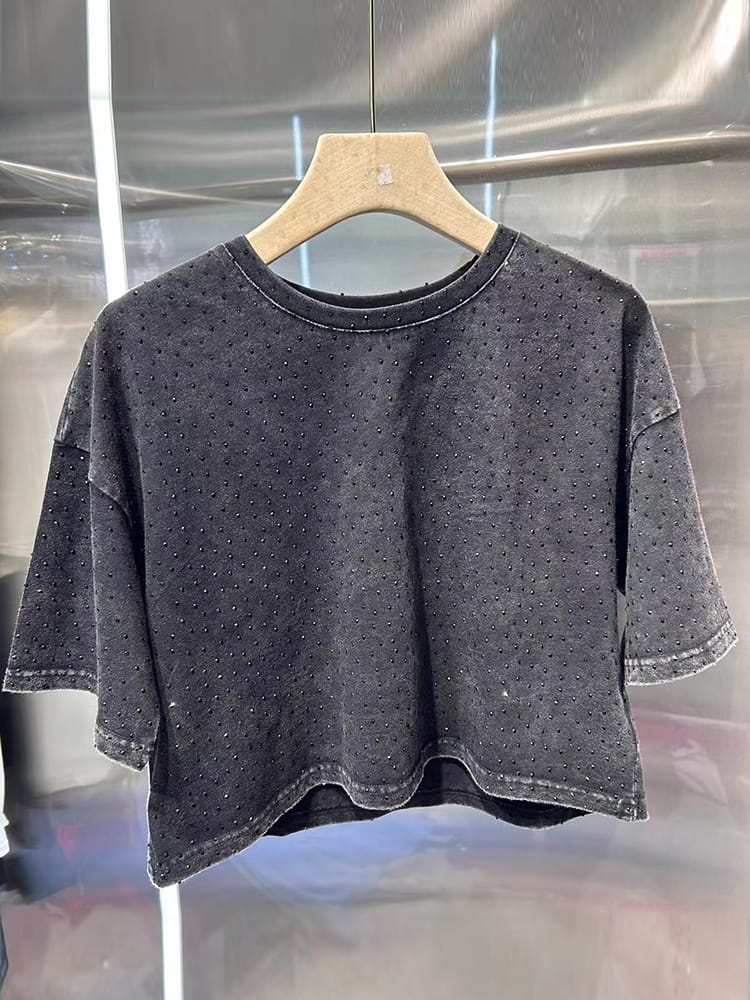 Heavy craft hot drill round neck short T in the eastern part of 2024 summer women's new fashion all-match knitted pullover