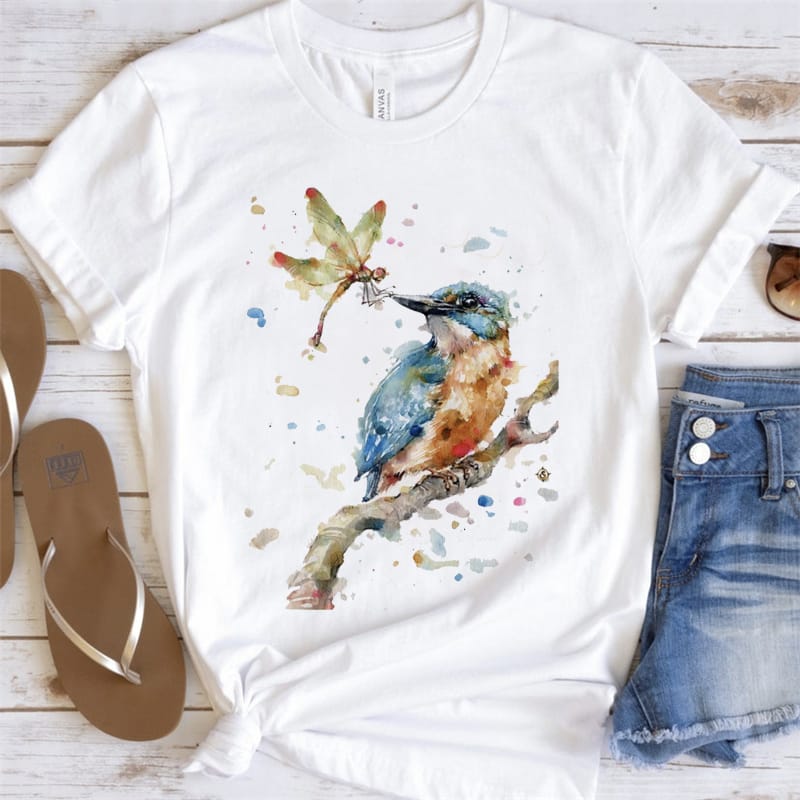Watercolor Cute Bird Parrotprint Tshirt Women'S Clothing Ladies Flower 90s Fashion Clothes Tshirt Female Tee Top Graphic T-Shirt