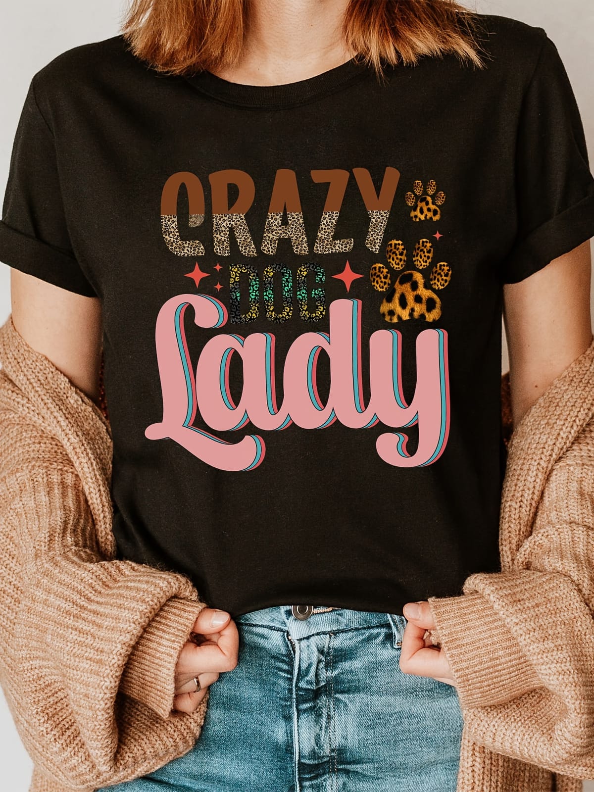 Dog Lady Print Crew Neck T-shirt, Short Sleeve Casual Top For Summer & Spring, Women's Clothing