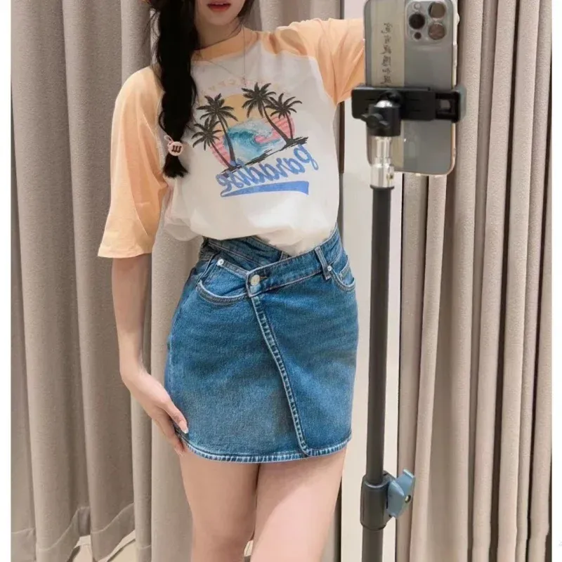 2024 Summer Women's T-Shirt Coconut Tree Letter Print Round Neck Short Sleeve Casual Tee Tops