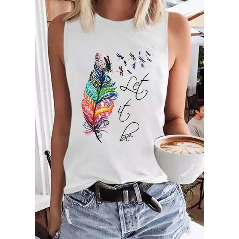 Rheaclots Women's Feather Dragonfly Let It Be Printed Casual O-Neck Tank Top