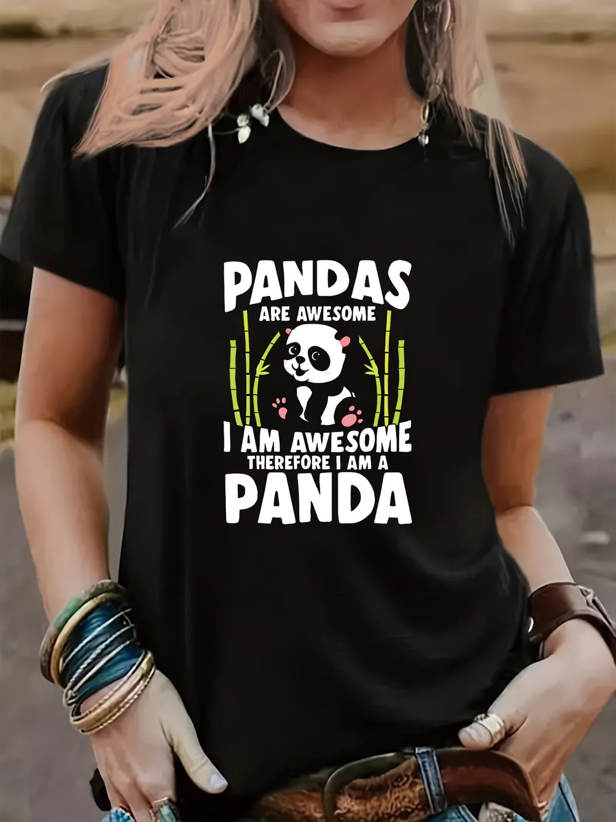 Panda Print Crew Neck T-shirt, Short Sleeve Casual Top For Summer & Spring, Women's Clothing