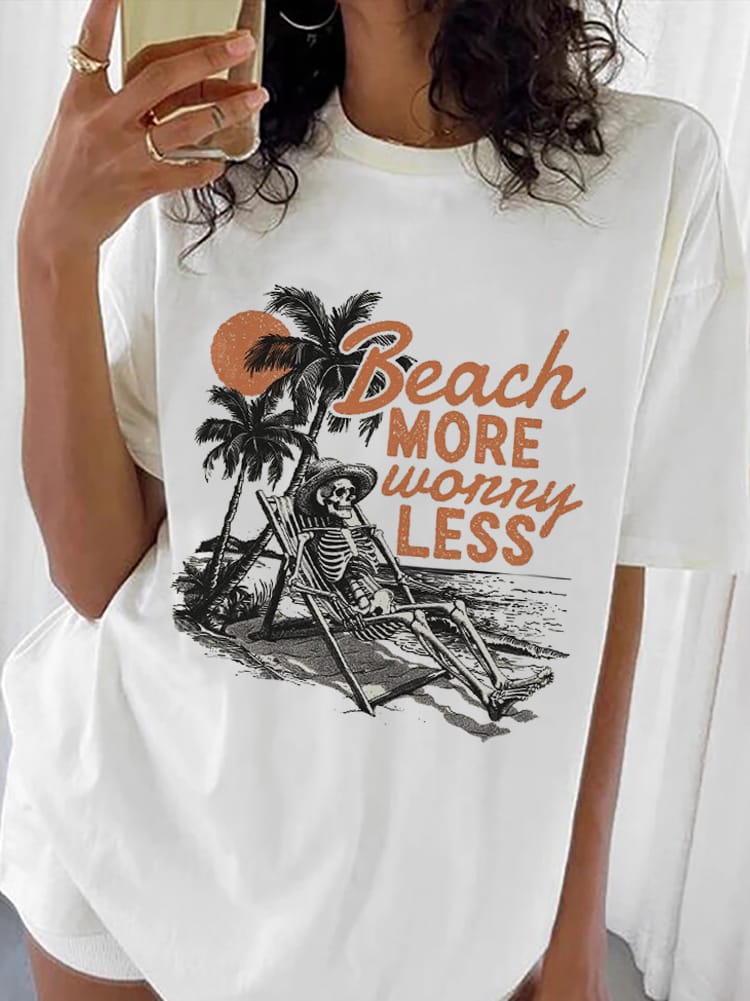 Funny Summer Shirt Clothing Watercolor Style Short Sleeved Fashion O-Neck Skull Print T-Shirt Women's Casual Retro T-Shirt