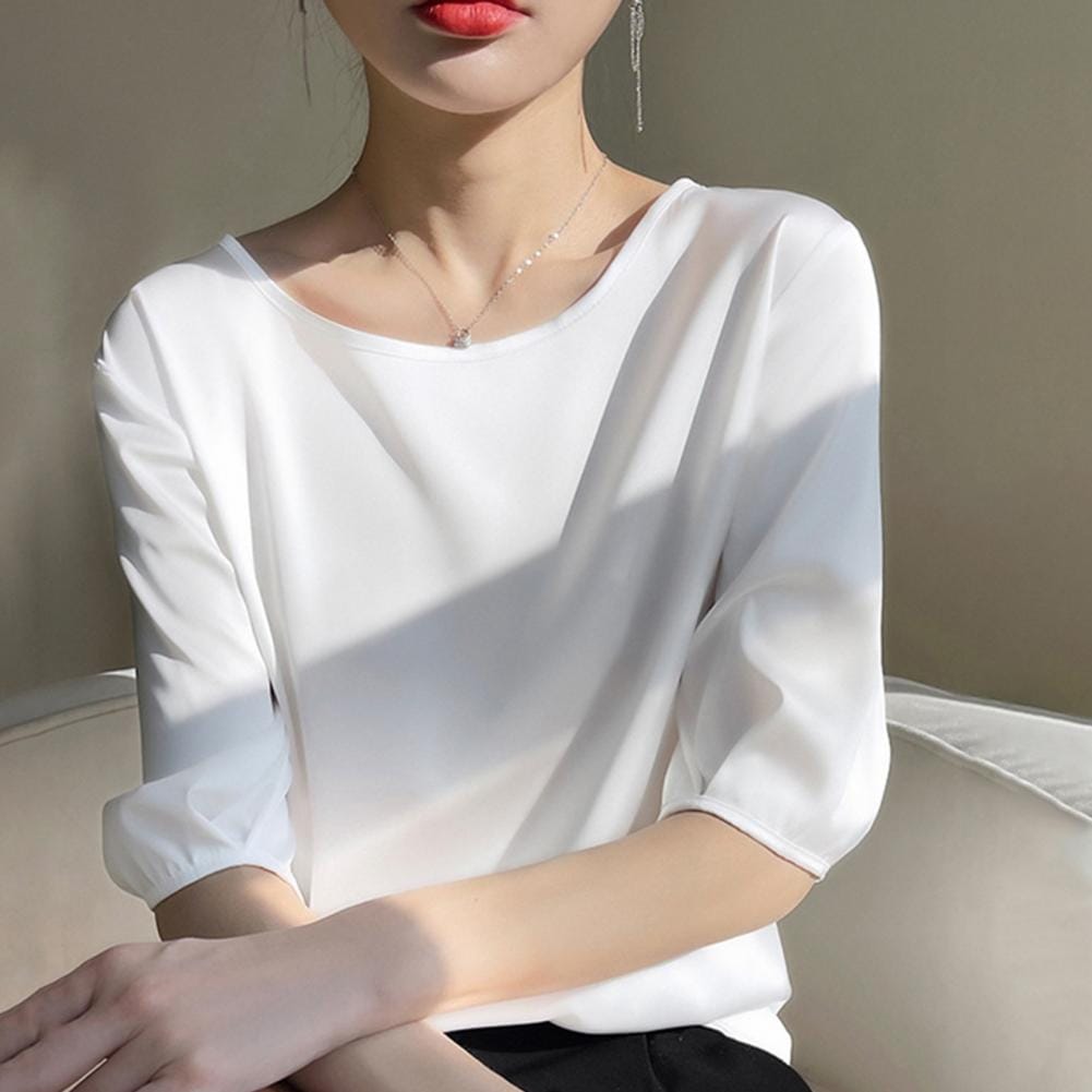 Summer Tops Stylish Women's Summer T-shirts Loose Fit Pullover Tops Glossy Surface Tee Shirts Lightweight Polyester Crew Neck