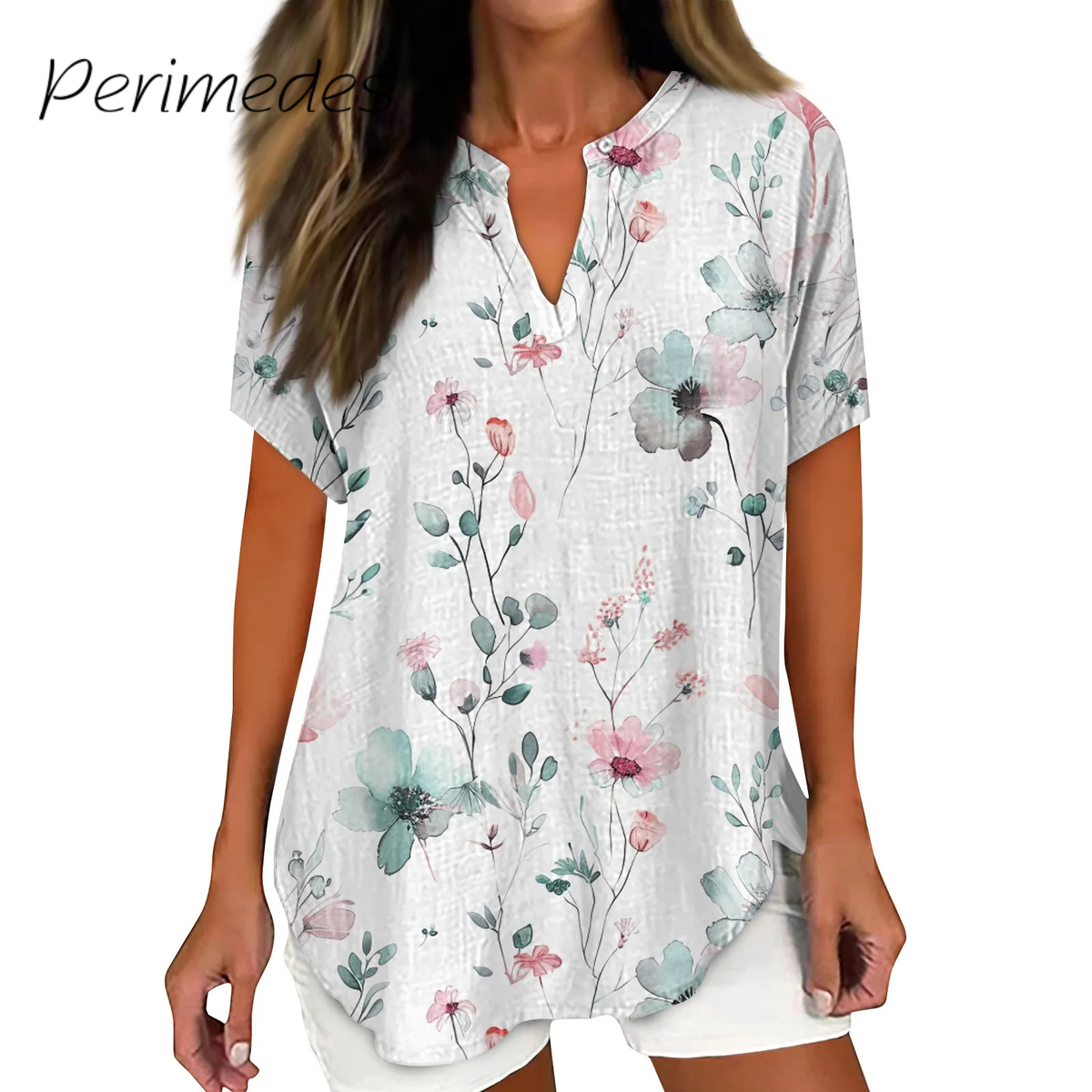 Women'S Tees Linen Flower Printed Button Collar Top Dressy V-Neck Summer New Casual Short Sleeve Tee Shirt Trendy Comfortable