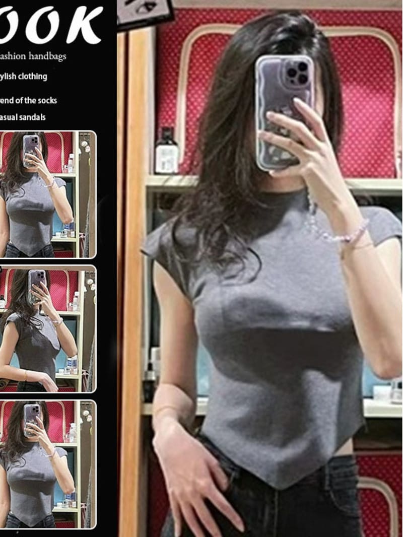 American retro half high neck small flying sleeve T-shirt fashionable women's summer 2024 new design irregular short top 8QMB