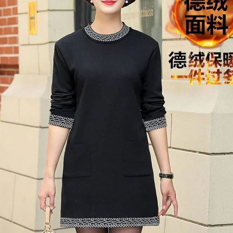 2023 Autumn and Winter Women's Commuter De Rong Mid Length Dress Long Sleeve Round Neck Sequin Comfortable Versatile Dress