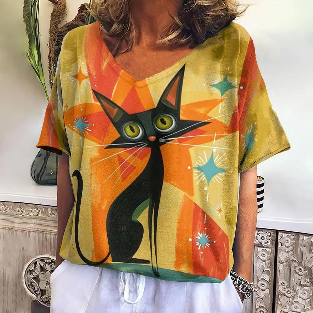 Harajuku Cat Printed Women's T-Shirts Casual Short Sleeve Tshirt Animals V-Neck Woman Clothing Oversize Loose Pullover Retro Top