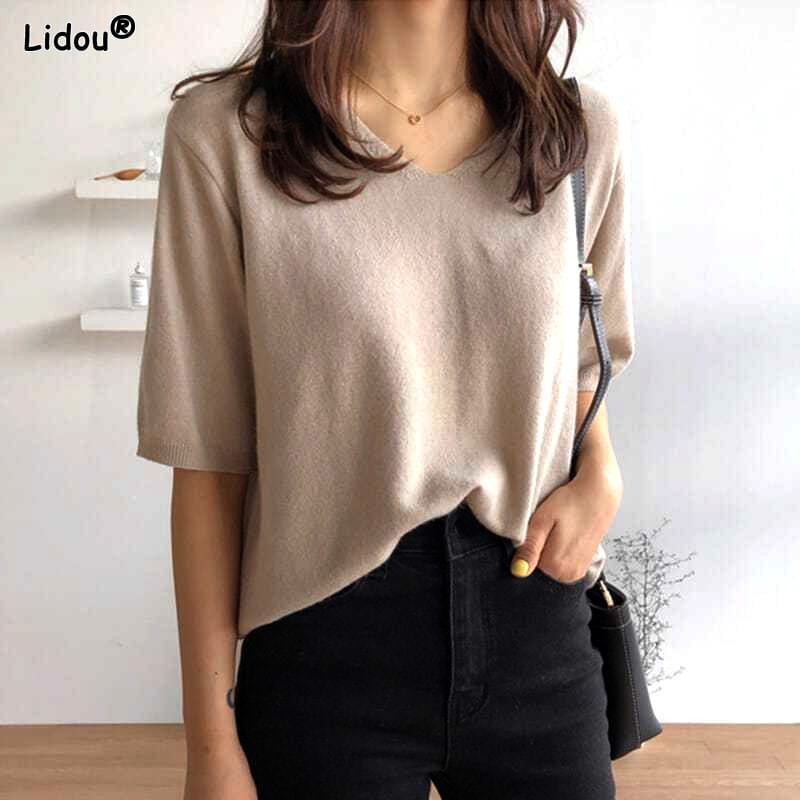 Loose-fitting Pullovers Knitting Solid Color Spring Autumn Thin Elbow Sleeve T-Shirts Korean Fashion Casual Women's Clothing