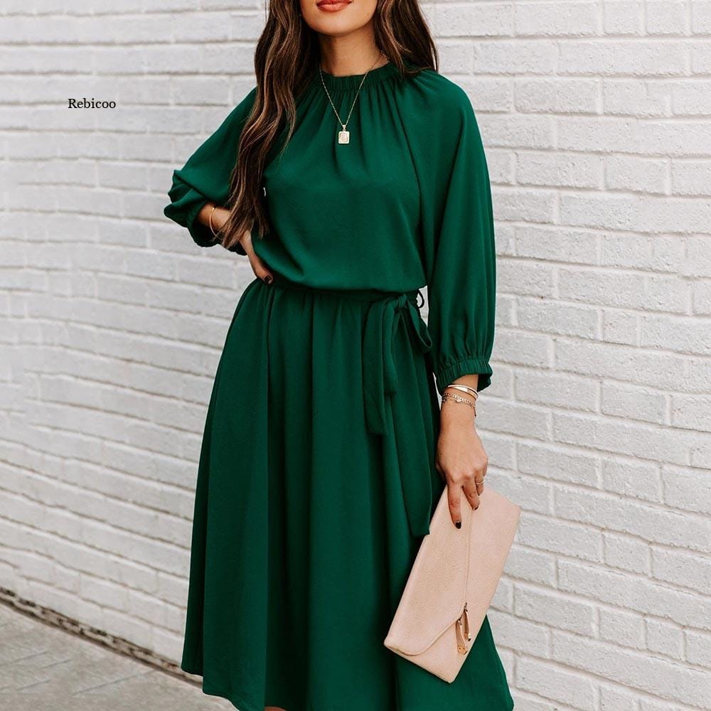 Summer Green Fashion Lace Up Dress For Women's O Neck Elegant Ladies Half Sleeve Big Swing Party Dresses 2022 Spring Robe
