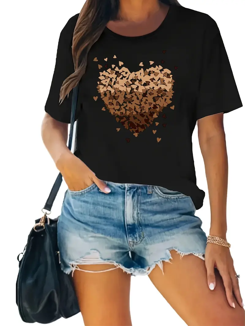 Valentine's Day Heart Printed Short Sleeved Casual Women's Fashion Women's Pattern T-shirt Women's Printed Summer T-shirt