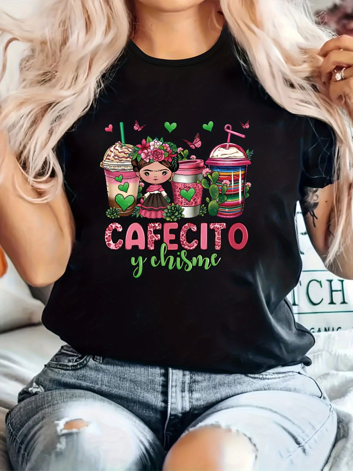 Coffee & Girl Print T-shirt, Casual Short Sleeve Crew Neck Top For Spring & Summer, Women's Clothing