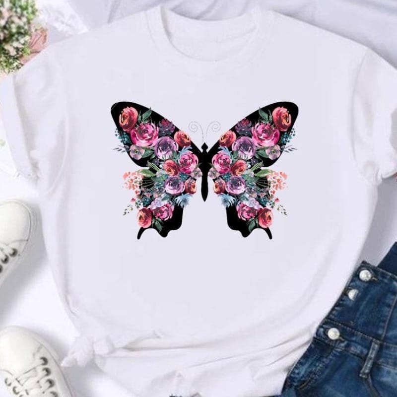 Women's Flower Butterfly Print European Short-sleeved T-shirt Women Clothes  Tops  Graphic  Harajuku