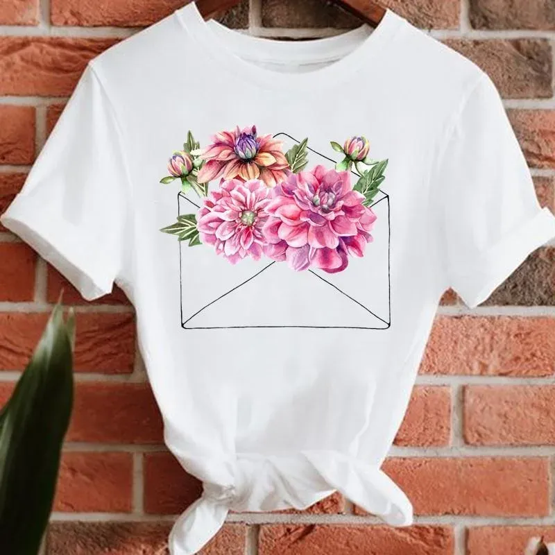 Women's Top Flowers Flowers 90's Clothing Women Casual Short Sleeve Fashion Summer Girls Graphic T-shirt Tops Oversized T Shirt